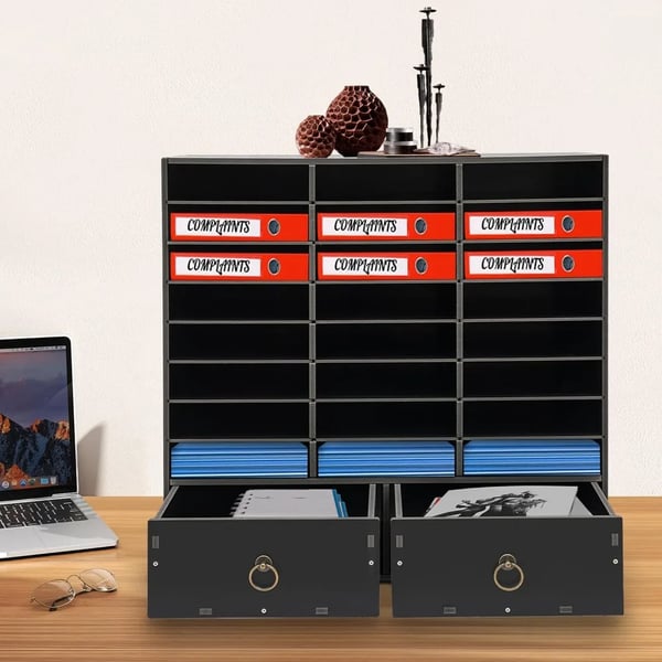 Litteraturorganisator, 24 rum, 2 skuffer, PVC-materiale, moderne design, dimensioner 71,5 x 30 x 70 cm