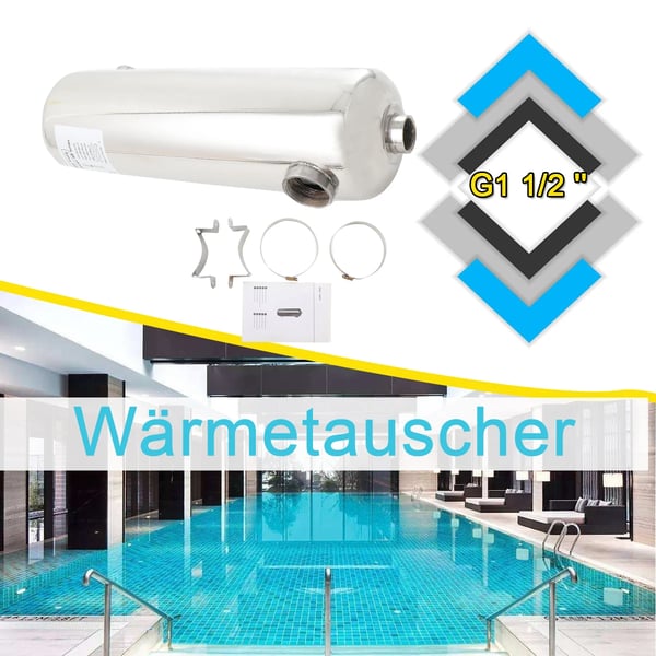 Varmeveksler, 60 kW, SS304 rustfrit stål, Dimensioner: 48,5 x 16 cm, Poolforbindelse: G1 1/2, Varmtvandsflow: 30 L/min