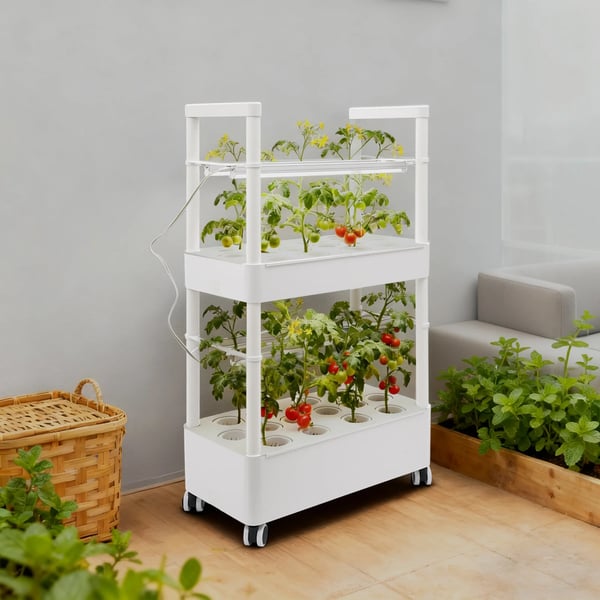 Hydroponisk vogn, 2 lag, 28 plantehuller, 20L vandtank, 220V strømkilde, LED vækstlys