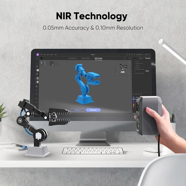 3D Scanner, 0,05 mm Nøjagtighed, 0,10 mm Opløsning, 10 fps Billedfrekvens, Arbejdsafstand 150-400 mm, Dimensioner 115×70×35 mm