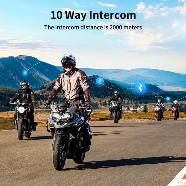 Motorcykel Intercom, Bluetooth Dual Chip BT5.4, Maximal Kommunikationsavstånd 2000M, Vattentät IP67, HIFI Högtalare 40mm, Stöder Upp Till 10 Åkare