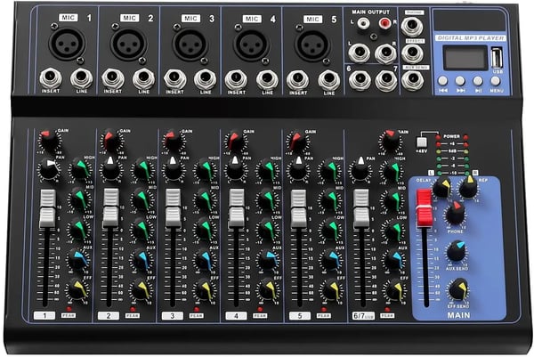 Lydmixer, 7 kanaler, tre-frekvens equalizer, realtids overvågning, indbyggede musikstile, holdbar metal konstruktion