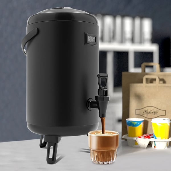 Varmedrikkedispenser, 10 liter kapacitet, elektronisk skærm, isoleringstid 12 timer, fodstøttehøjde 8 cm, moderne design