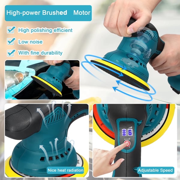 Sladdlös Polermaskin, 6 Växlar, Ergonomiskt Handtag, 2st batterier