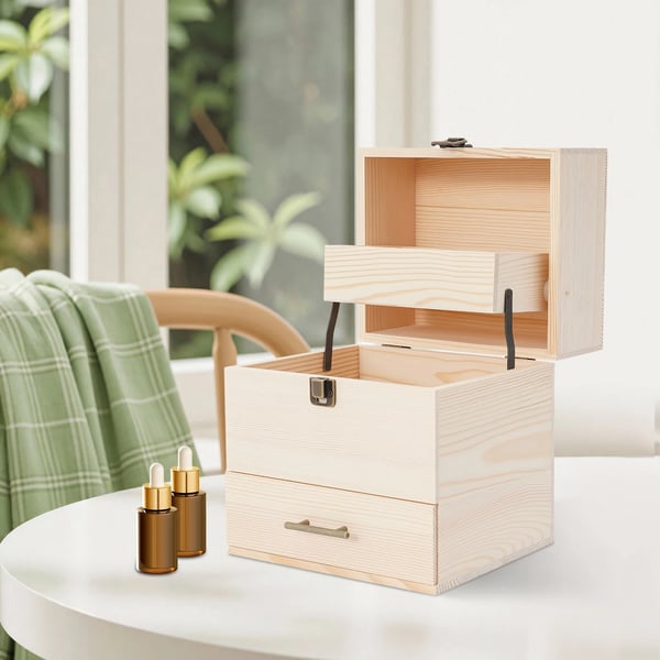Æterisk olie organizer, 59 pladser, 3 niveauer, fyrretræsmateriale, dimensioner 21,5x18,5x24,5cm, egnet til 15ml og 10ml flasker