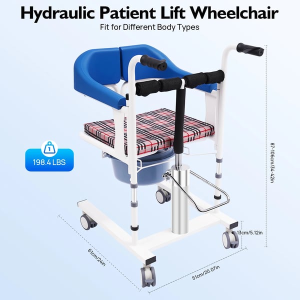 Hydraulisk Patientløftestol, Justerbar Højde, 180° Åbningsdesign, Med Bærbar Potte,HVID