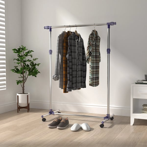 Tøjstativ, Justerbar Højde, Rustfrit Stål, Fire Hjul, Pladsbesparende Design, Holdbar Konstruktion