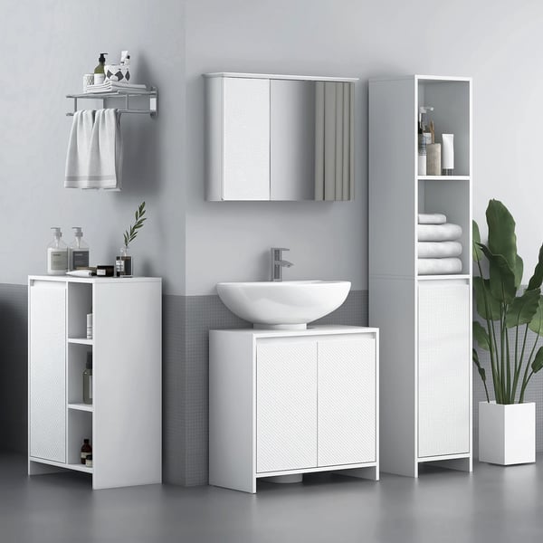 Badeværelsesskab med Spejl, MDF Materiale, 65 x 15 x 49 cm, 4 Rum Hylder, Justerbar Hylde 3 Niveauer, Nem Montering