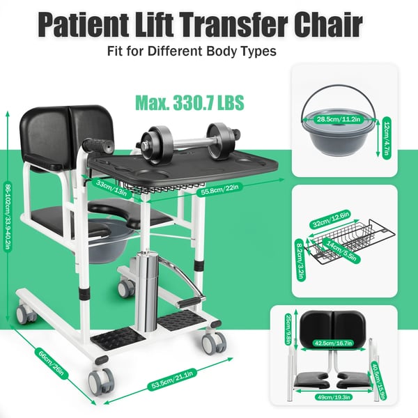 Bærbar transportstol, hydraulisk patientløfter, overførselshjælp, kapacitet 150 kg