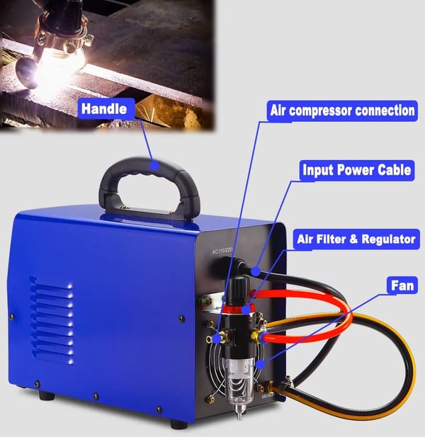 Plasma Cutter, Indgangsspænding 110V/220V, Svejse Strøm 10-65 Ampere, Skærebredde 1-18mm, Arbejdscyklus 60%, Effektfaktor 0.93