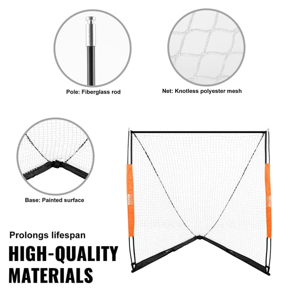 Lacrosse Mål, 6 x 6 fod, Fiberglass Stang, Knudefri Polyester Net, 17,13 lbs, Egnet til Standard Mål