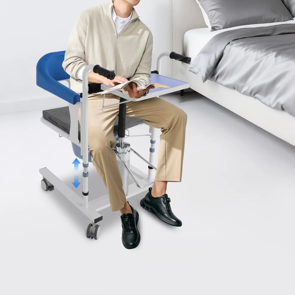Patientløftestol, belastningskapacitet 100 kg, justerbar højde 76-94 cm, bredde 70 cm, sædehøjde 42-60 cm, vægt 21 kg
