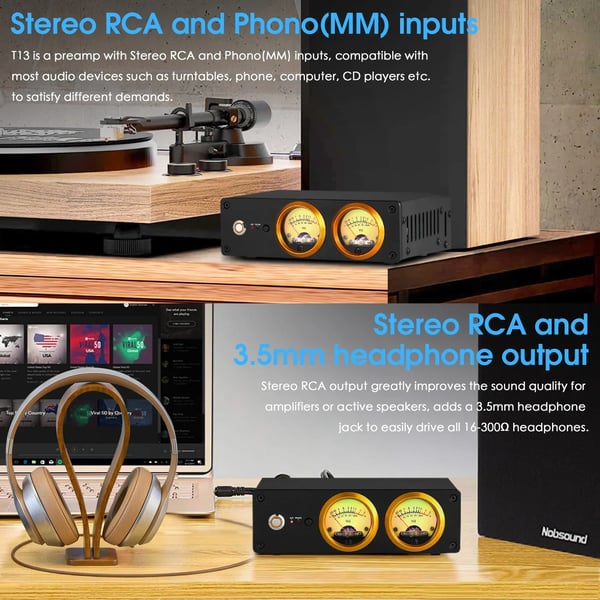 Mini Phono Preamp, Stereo RCA og Phono (MM) indgange, 3,5 mm hovedtelefonudgang, CE-certificeret, dual VU-meter, understøtter 16-300© hovedtelefoner