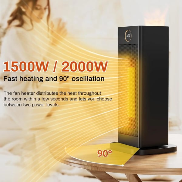 Keramisk blæservarmer, 2000W effekt, luftfugterfunktion, 90° oscillation, justerbar temperaturinterval 15-45 °C, sikkerhedsfunktioner inkluderet