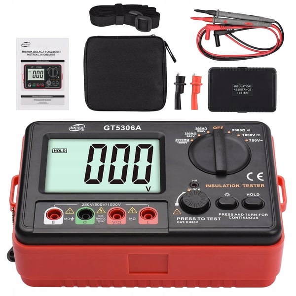 Isolationsmodstandstester, Testområde 250V til 1000V, Digitalt display, Bærbart design, Egnet til flere anvendelser, CE- og FCC-certificeret