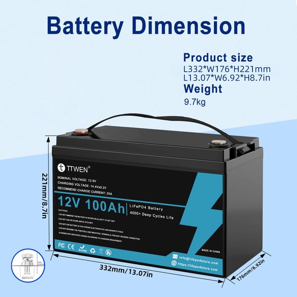 Lithiumbatteripakke, 12V, 100Ah, 4000+ cyklusser, 1280Wh kapacitet, 24,25 lbs letvægts