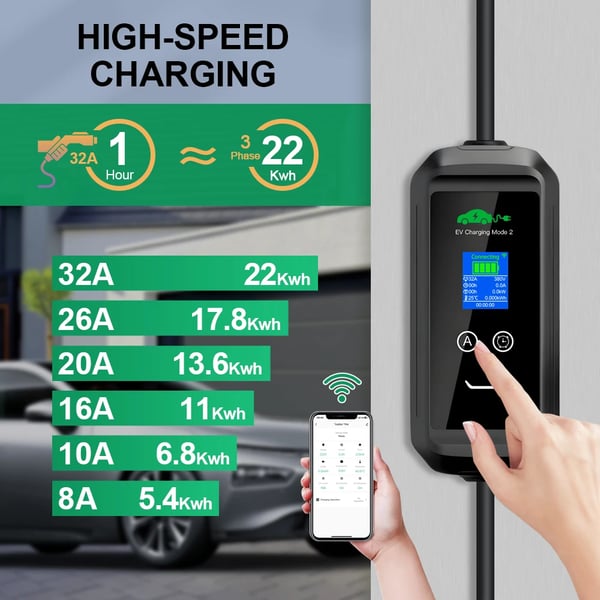 Bärbar EV-laddare, justerbar ström upp till 40A, smart timerfunktion,TYP2