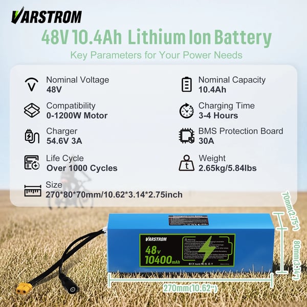 Ebike Batteri, 48V, 10.4Ah Kapacitet, 499.2Wh, 30A BMS, Letvægts 2.6kg