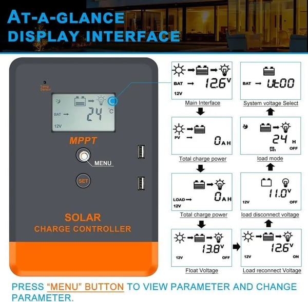 Solcellsregulator, MPPT-effektivitet, LCD-display,20A MPPT-kontroller