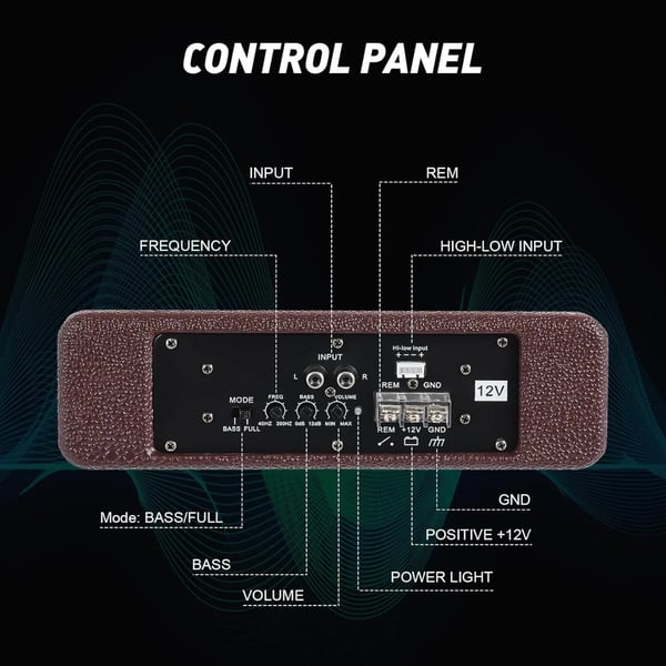Bil Subwoofer, 600W Maksimal Effekt, 200W Nominel Effekt, DC 12V Spænding, 40Hz-200Hz Frekvensrespons, Dimensioner 345 mm x 260 mm x 68 mm
