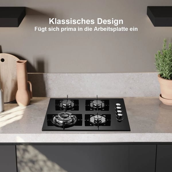 Gasblus, 4-brænder konfiguration, elektronisk tænding, stilfuldt glasdesign