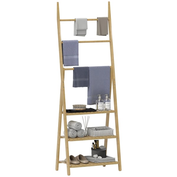 Bambus Badeværelseshylde, 53,5 cm x 30 cm x 53 cm, 3 Hylder, 3 Håndklædestænger, A-formet Struktur, Net Hylder