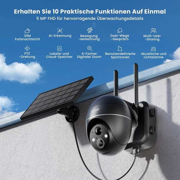 Udendørs overvågningskamera, 5,0 megapixel, dimensioner 186 x 170 x 126 mm, trådløs forbindelse, batteri- og solenergidrevet, 360 graders synsvinkel