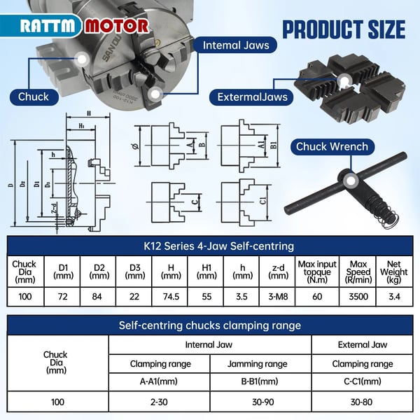 K12-100mm 4-Backig Chuck, Manuell Drift, CE Certifierad, Precision Kontroll