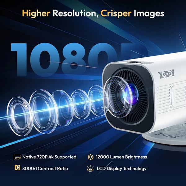 Projektor, LED, 12000 lumen lysstyrke, 1280x720 dpi optisk opløsning, 40-120 tommer projiceret dimension, Bluetooth 5.2