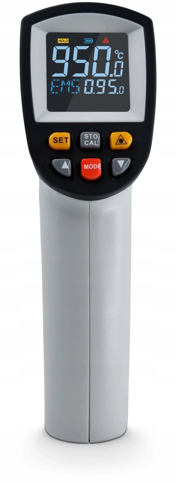 Ikke-kontakt termometer, -50 til +950 °C, justerbar emissivitet, farverig skærm, automatisk nedlukning, ergonomisk design