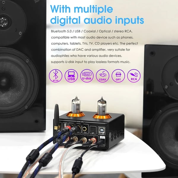 Nobsound HiFi Bluetooth-forstærker, 100W udgangseffekt, understøtter USB- og koaksialindgange, elegant design med VU-meter.
