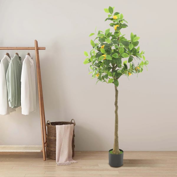 Kunstig Citrontræ, Højde 1,5 m, Potte Størrelse 15 cm x 13 cm, Indendørs og Udendørs Dekor, Holdbar Materialesammensætning, Samling Påkrævet