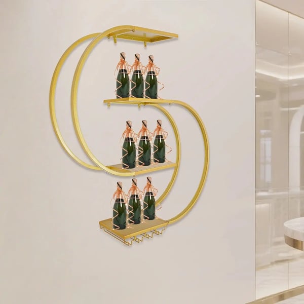 Vægmonteret Vinreol, 4 Niveauer, Stilfuldt Design,Guld