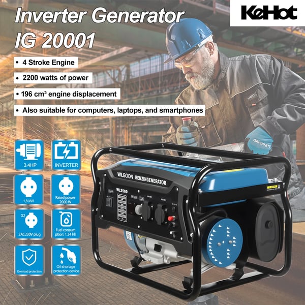 Benzinmotor Generator, Nominel Effekt 2000W, Spidseffekt 2200W, Brændstoftank Kapacitet 15L, Vægt 35kg, Nominel Spænding 230V