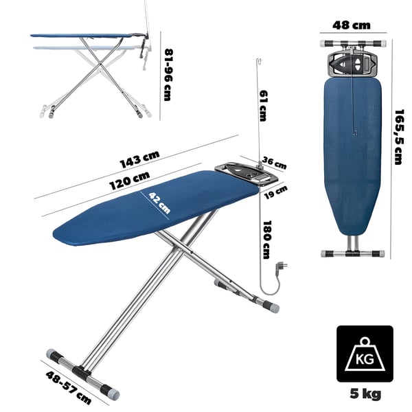 Strygebræt, Aluminiumkonstruktion, 120 x 42 cm Dimensioner, Justerbar Højde, Integreret Stik, Skridsikre Fødder
