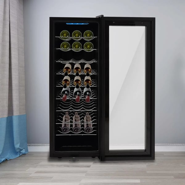 Vinkælder, 90L kapacitet, rummer 30 flasker, LED berøringspanel, strømforbrug 0,61 kWh/24t, 140W nominel effekt