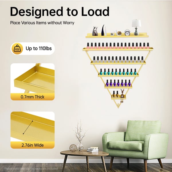 Neglelak Display Rack, 5-Lags Design, Vægmonteret,Guld