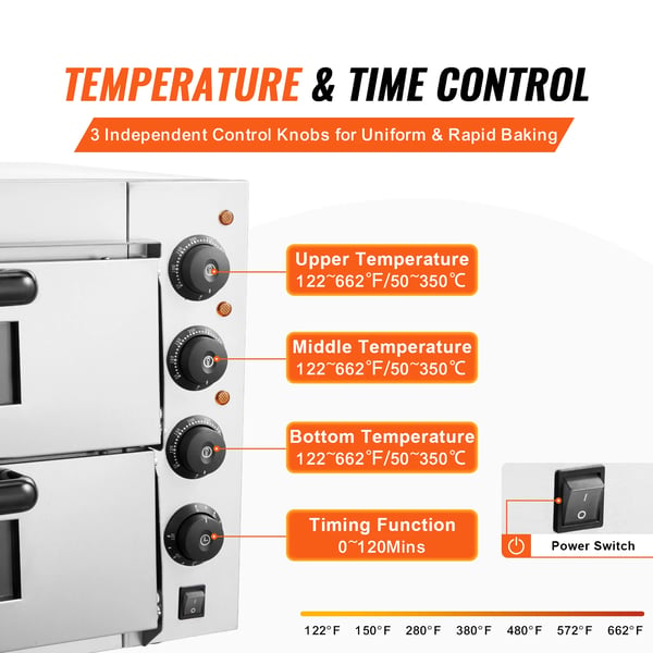 Pizzaovn, 16-tommer kapacitet, justerbar temperatur 50°C til 350°C, 120-minutters timer, 3 varme rør, CE-certificeret