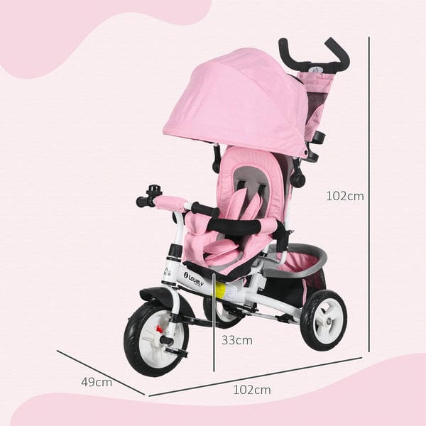 Trehjulet cykel, teleskopisk håndtag, aftagelig opbevaringspose,Pink