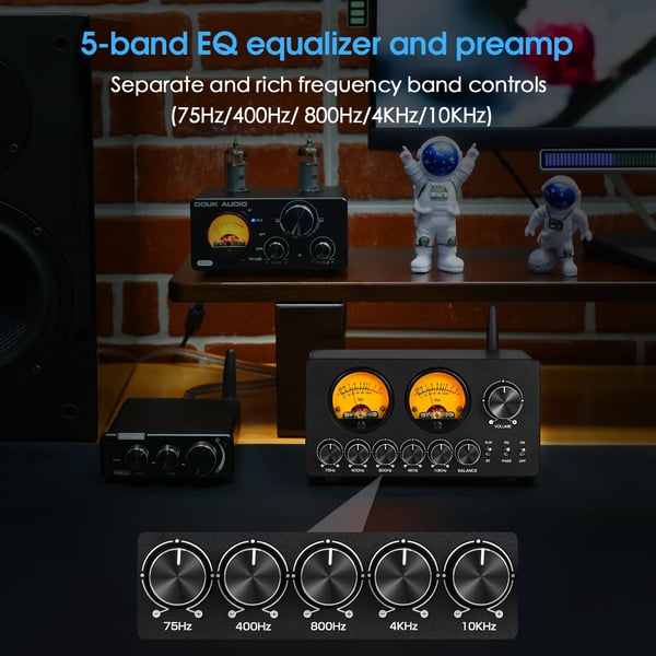 Lyd Equalizer, 5-bånds Equalizer, Dual VU Målere, 3,5 mm AUX og RCA Indgange, Kompakt Design, CE Certificeret