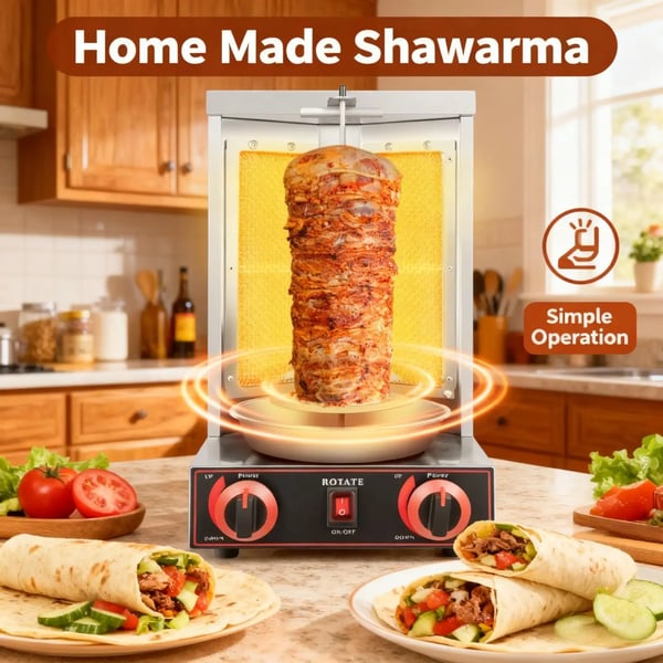 Gas Shawarma Maskine, 3000W Effekt, 220V Spænding, Temperaturinterval RT-300 °C, Dimensioner 29,5*30*48,5cm, Bakke Størrelse 29,5*13*2,3cm