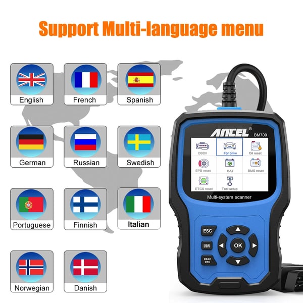 OBD2-skanneri, MINI EPB SAS -järjestelmä, Airbag, TPMS, akun ja öljyn nollaus, ANCEL BM700