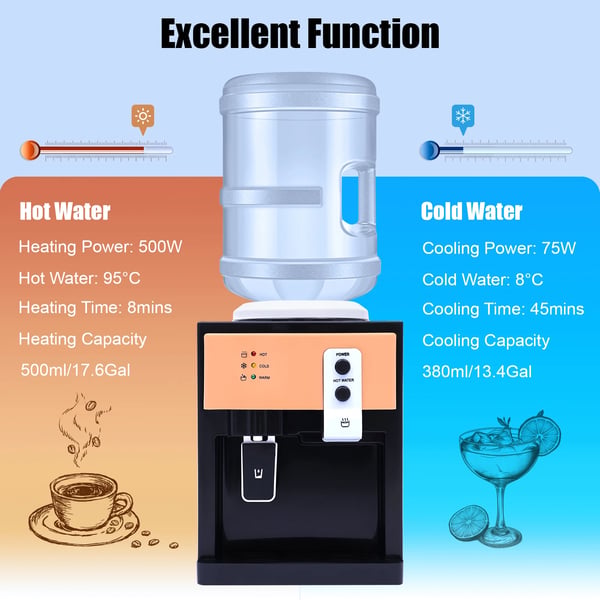 Vandkøler Dispenser, Dobbelt Spændingssupport, 550W Opvarmningskraft, 75W Kølekapacitet, 8℃ Minimum Køling, 95℃ Maksimum Opvarmning