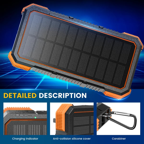 Solenergi Power Bank, 32000mAh Kapacitet, Trådløs Opladning,32000 mAh