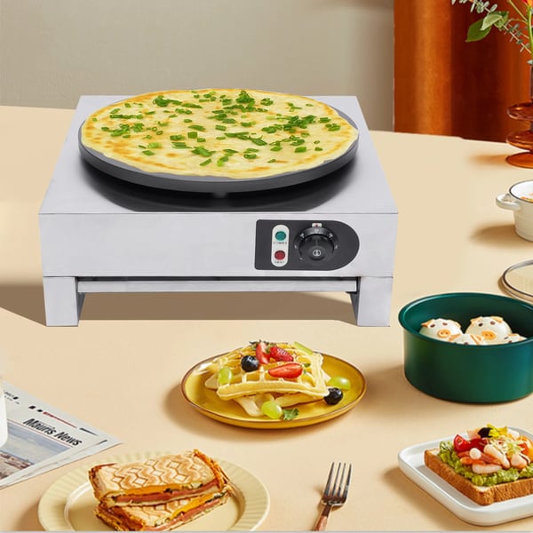 Pandekagemager, 3 kW effekt, temperaturinterval 50-300 °C, diameter 40 cm, non-stick overflade, nem at rengøre