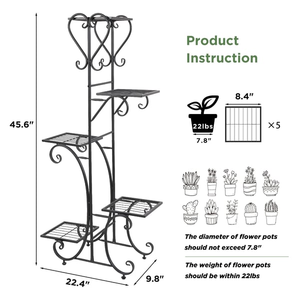 Metal Planteholder, 5-lags Design, Robust Jernkonstruktion,sort