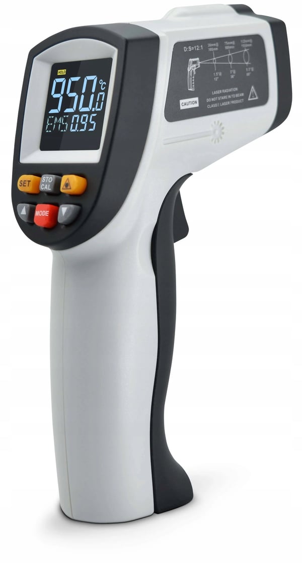 Ikke-kontakt termometer, -50 til +950 °C, justerbar emissivitet, farverig skærm, automatisk nedlukning, ergonomisk design