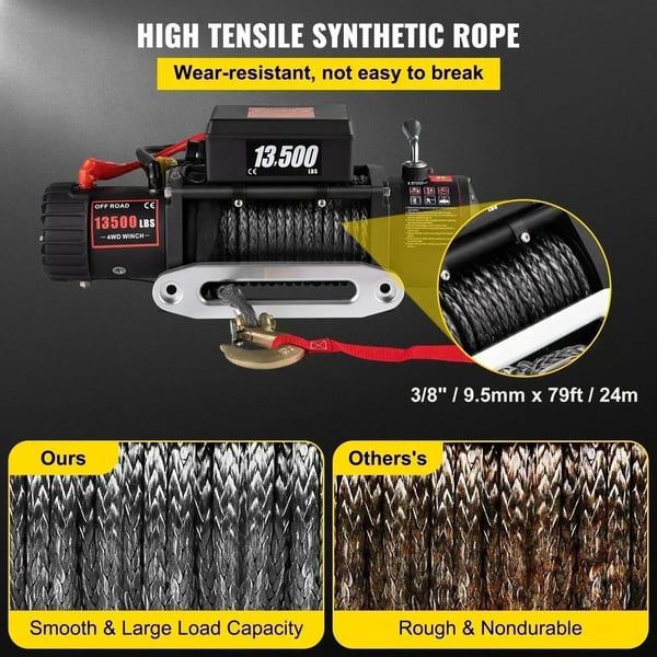 Elektrisk Lastbil Winch, Syntetisk Sejl, Fjernbetjening,13500 lbs