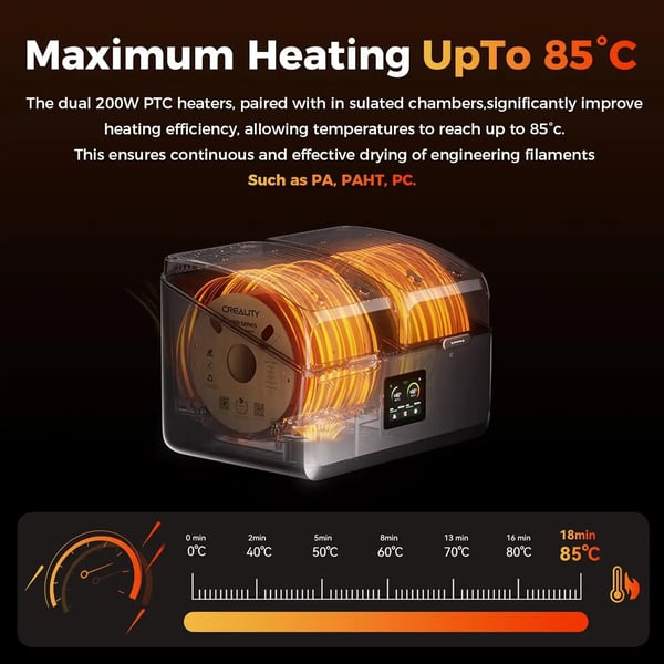 Filamenttikuivain, Kaksi Riippumatonta Lämmityskammiota, 85°C Maksimilämpötila, 400W Kokonaisteho, 45 dB Melutaso, Tukee Useita Filamenttityyppejä