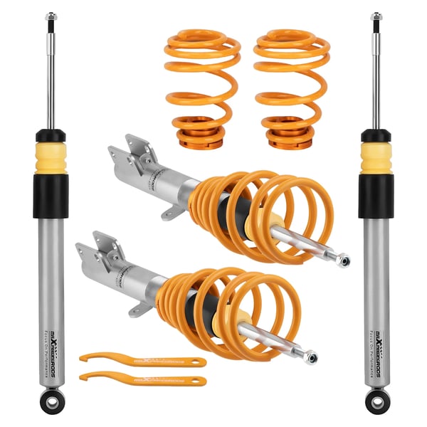 Coilover affjedringskit, justerbar højde 0 mm-60 mm, fjederhastighed foran 3 kg/mm, fjederhastighed bag 4 kg/mm, dimensioner 70cm x 50cm x 19cm